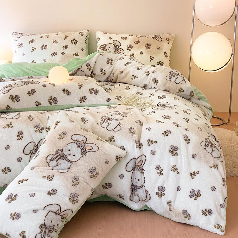 Rabbit Fleece Four-Piece Set, Thickened Milk Fleece Quilt Cover, Coral Fleece Bed Sheet Quilt Cover, Fleece Bedding