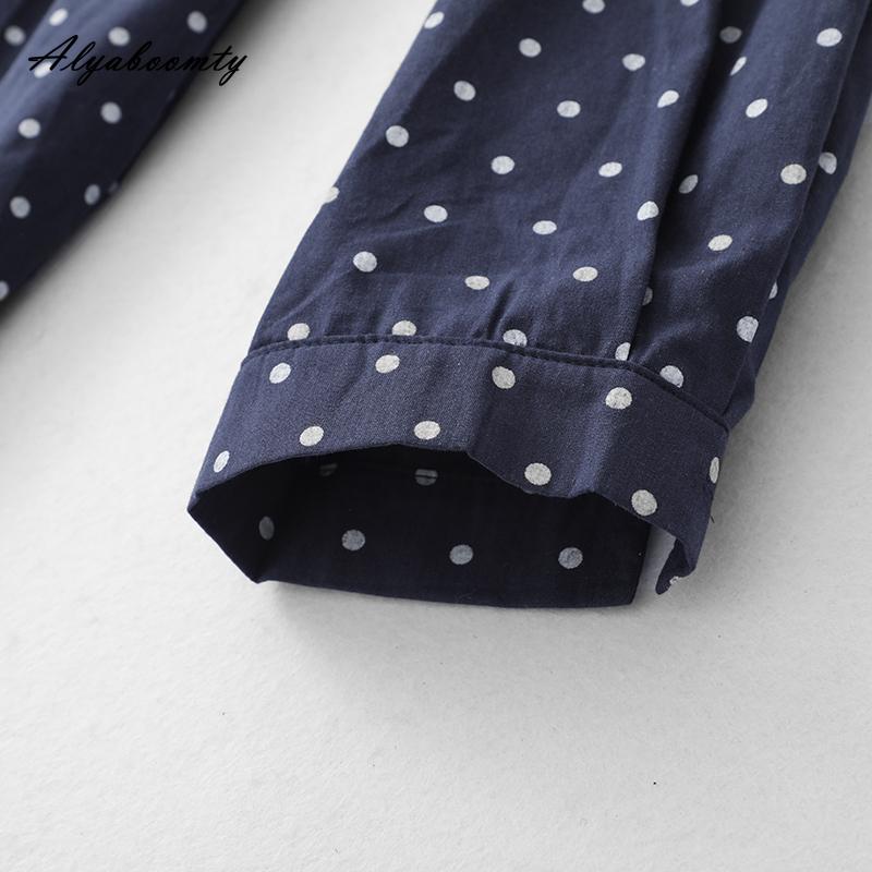Mori Girl Spring Autumn Women Shirt Dress Turn-Down Collar Polka Dot Loose Dress Navy Blue Vintage Elegant Chic Dress