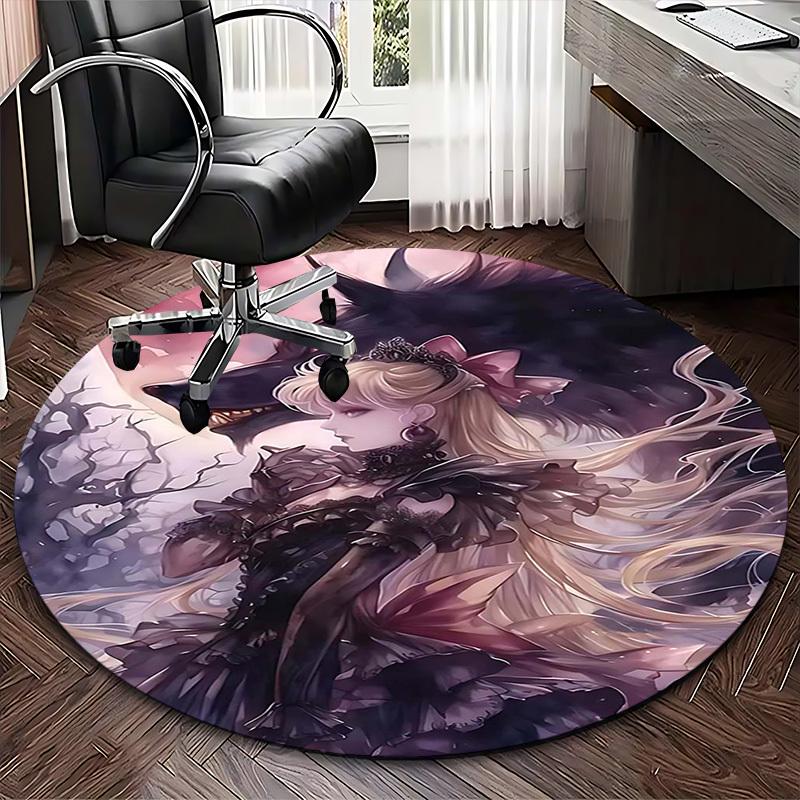 1pz Tappeto Rotondo Design Anime Tappetino Sotto Sedia da Ufficio con Stampa Lupo Fantasy e Principessa, Decorazione Casa, Universale per Tutte le Stagioni