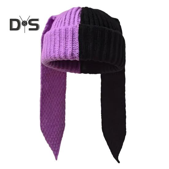 

Зимняя вязаная шапка с длинным декором в виде заячьих ушей, контрастного цвета, унисекс, толстая, теплая, высокоэластичная, ветрозащитная, для холодной погоды, для катания на лыжах и т. д. фиолетовый/чёрный
