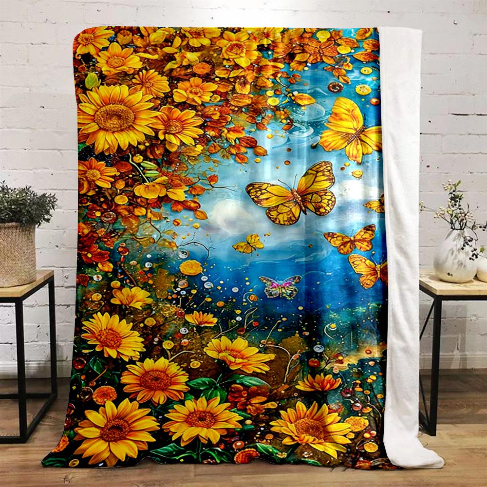 Sunflowers and Butterflies in Vibrant Sky Flannel blanket for bedroom living room sofa and nap