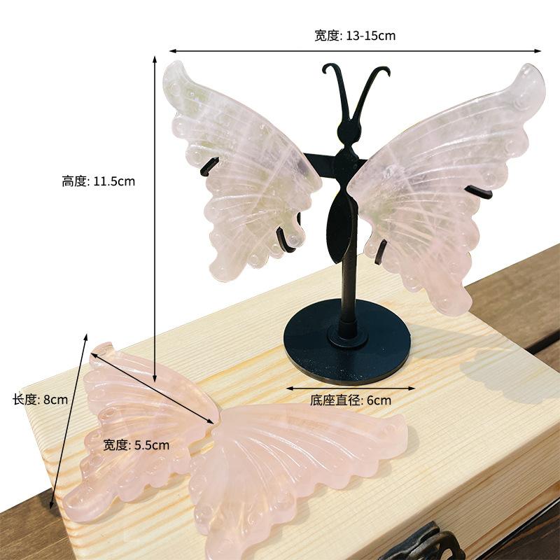 1Pair Natural Crystal Rainbow Fluorite Butterfly Wings Rose Quartz Moss Agate Carving With Stand Home Decoration