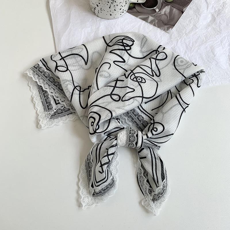 Silk Scarf Neck Small Square Scarf Lace Striped Cashew Nut Silk Scarf Spring and Summer Light Headscarf Headband Decorative Scarf