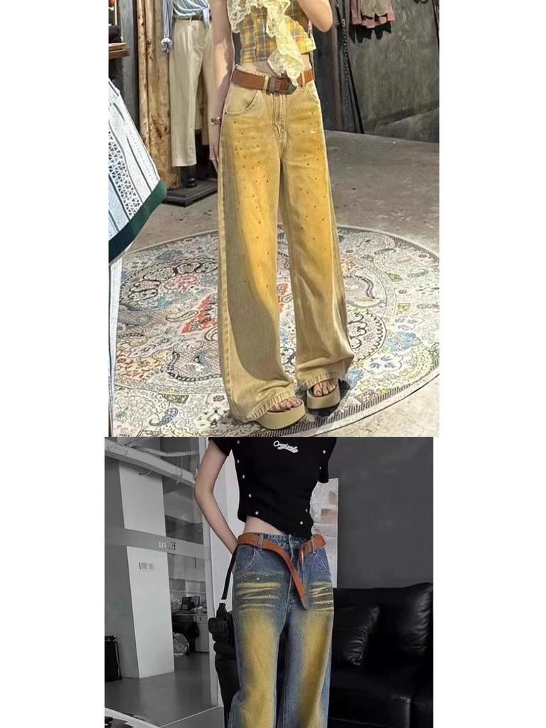Women's 2025 Summer Retro Distressed Washed Wide-Leg Riveted Jeans