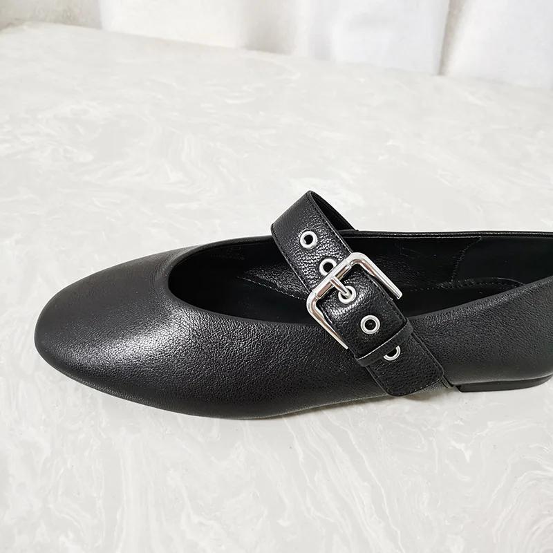 Fashion Women Mary Jane Shoes 2025 Autumn Black Pu Leather Vintage Flats Woman Fashion Belt Buckle Round Toe Ballet Flat Shoes