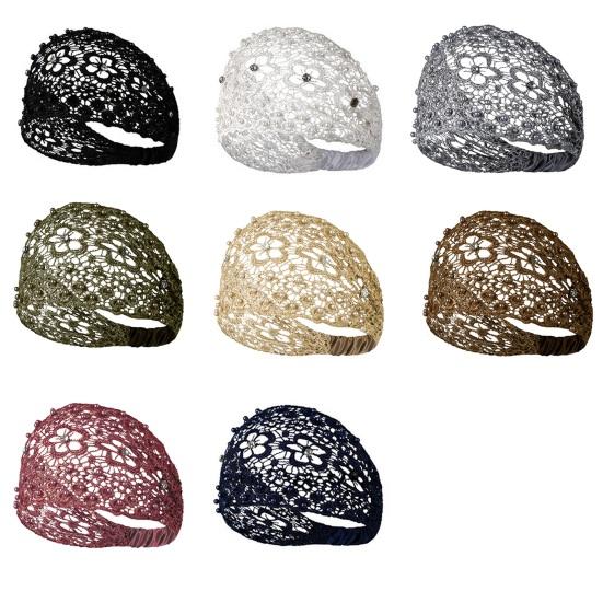 Yousheng Dam Pannband Ihålig Design Broderi Spets Blomma Elastiskt Pannband med Imitationspärlor Glittrande Strass Inlagd Hår