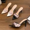 Summer Women's Embroidered Pointed-toe Stiletto Mules Comfortable High-heeled Slides For Outdoor Wear