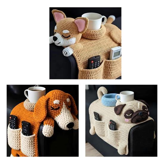 Dog Sofa Arm Organizer Crochet Dog Sofa Armrest Organizer with 2 Pockets And 1 Mug