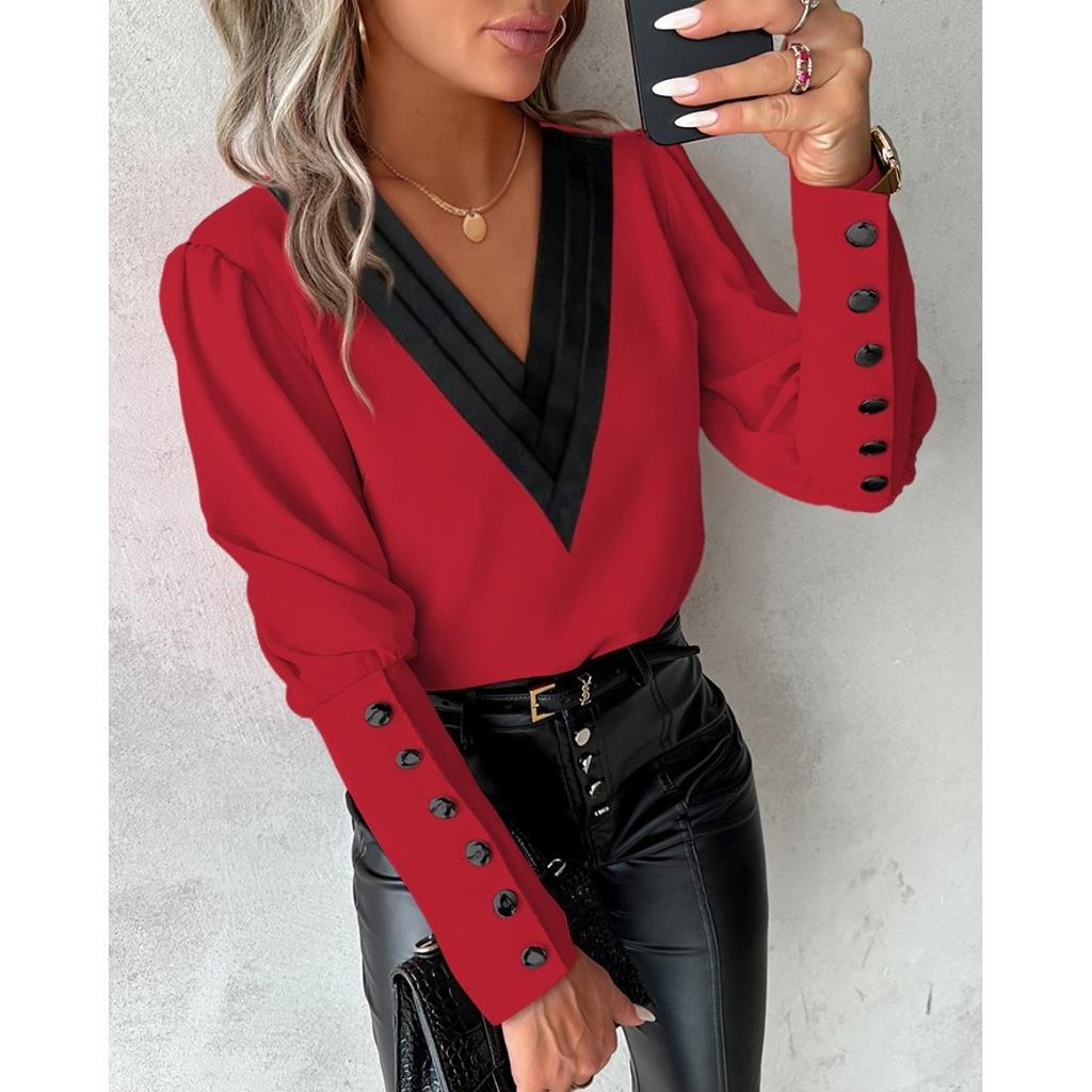 Women's Bottoming Shirt Autumn Fashion V-neck Solid Color Long-sleeved Button Ladies Shirt Shirt
