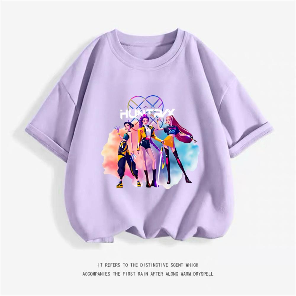 Girls Short Sleeve Cartoon Fashion Summer Wear 2026 Trendy Clothing Kpop Demon Hunters Huntrix T-shirt Pure Cotton Tees
