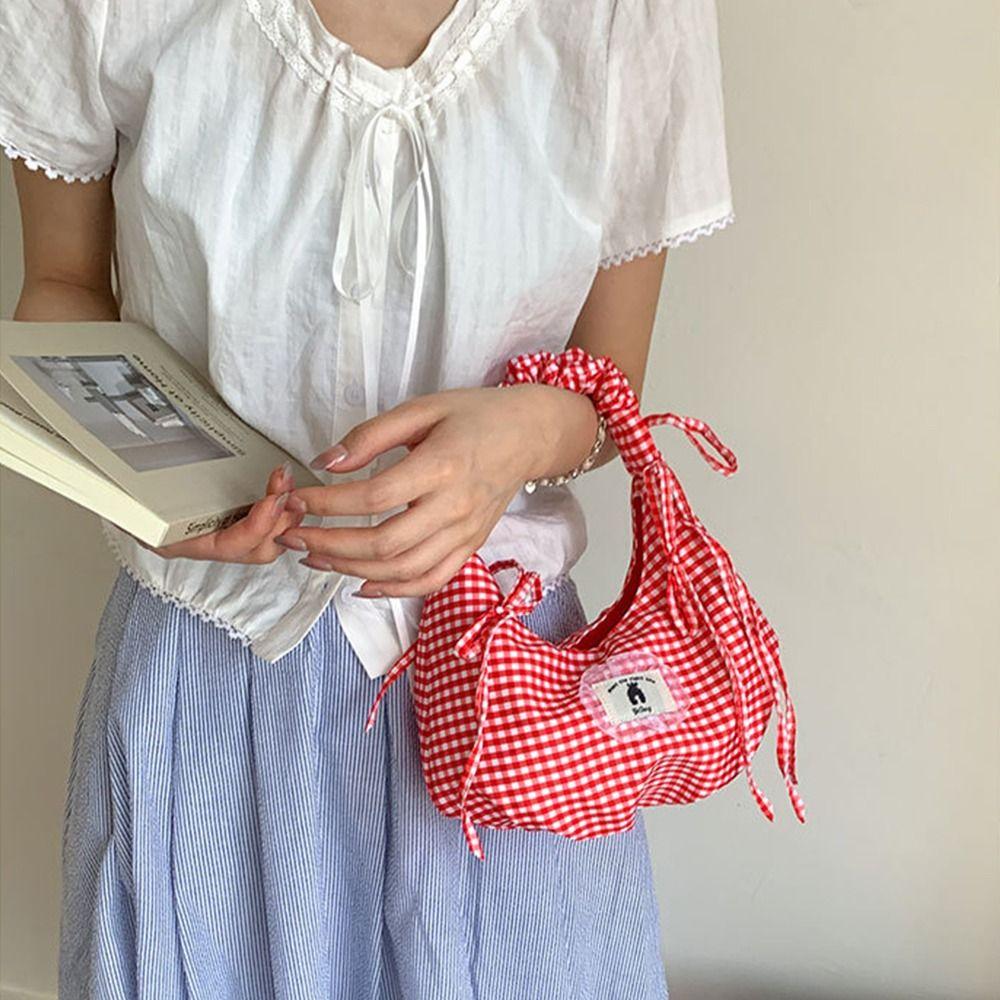 Pleated Bow Shoulder Bag Ruffles Underarm Bag All Match Plaid Armpit Bag  Handbags
