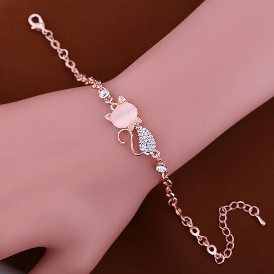 Women Ladies Lovely Cat Pendant Opal Rhinestone Bangle Bracelet Chain Jewelry for Daily Life