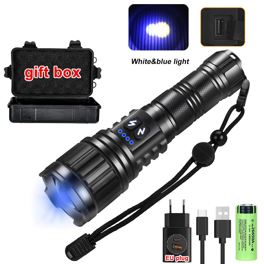 Newest White Laser Flashlight Use 26650 Battery Type-C Charging Zoom Tactical Torch Waterproof Camping Lantern with Power Displa