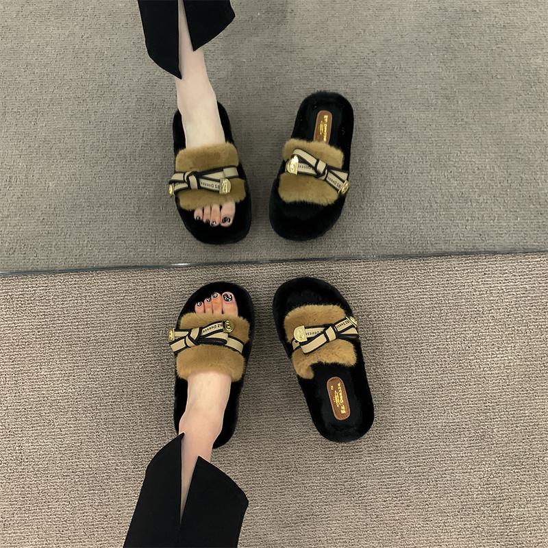Fashion Shoes Home Slippers Women's Platform Winter Footwear Pantofle Fur Flip Flops Slides Beige Heeled Sandals Massage 2025 Plush