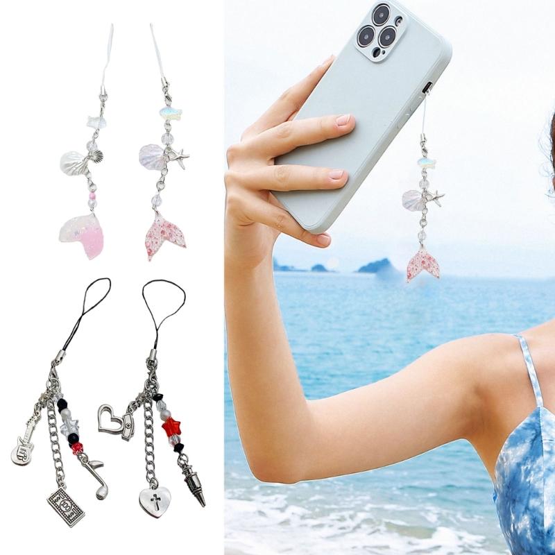 Shell Fish Tail/Bass/Heart Needle Keyring Phone Charm Detachable Phone Lanyard Beaded Keychain Jewelry for Wallet