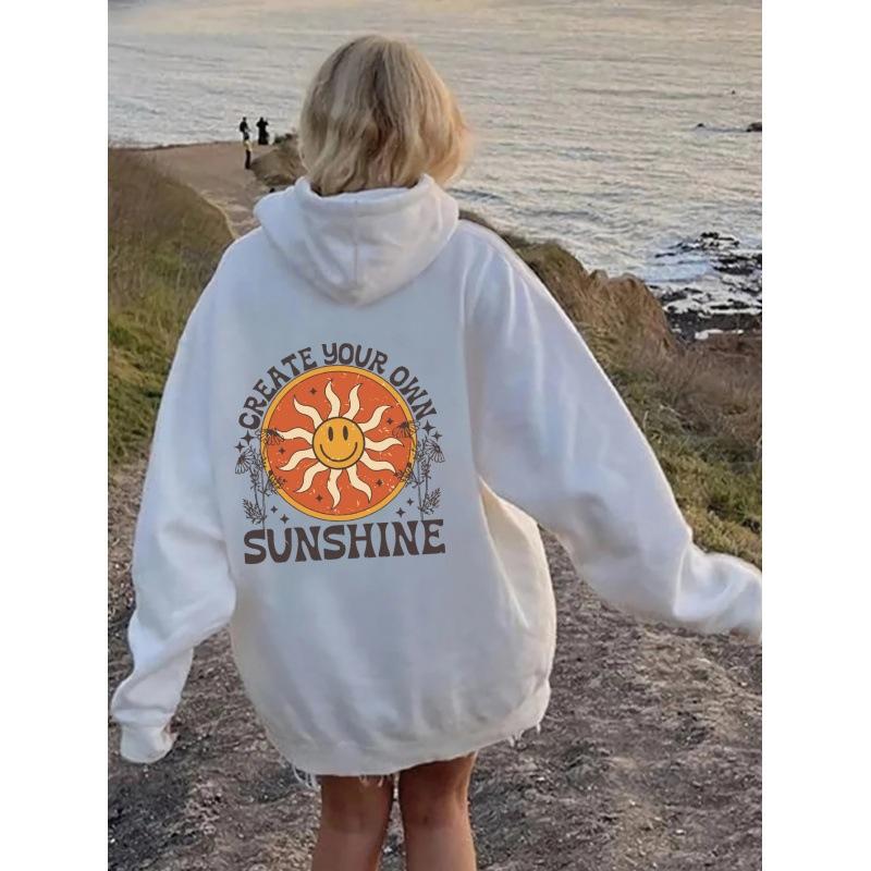 European size shoulder sleeves S---5XL women's fleece sweater plain letter print kangaroo pocket