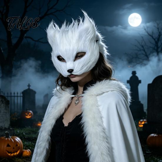 Prodyšná Halloweenská obličejová maska Dlouhá srst Bílá liška Polomaska, Maškarní Cosplay Elegantní víla pro Focení ve starém stylu Párty Vystoupení Jemná