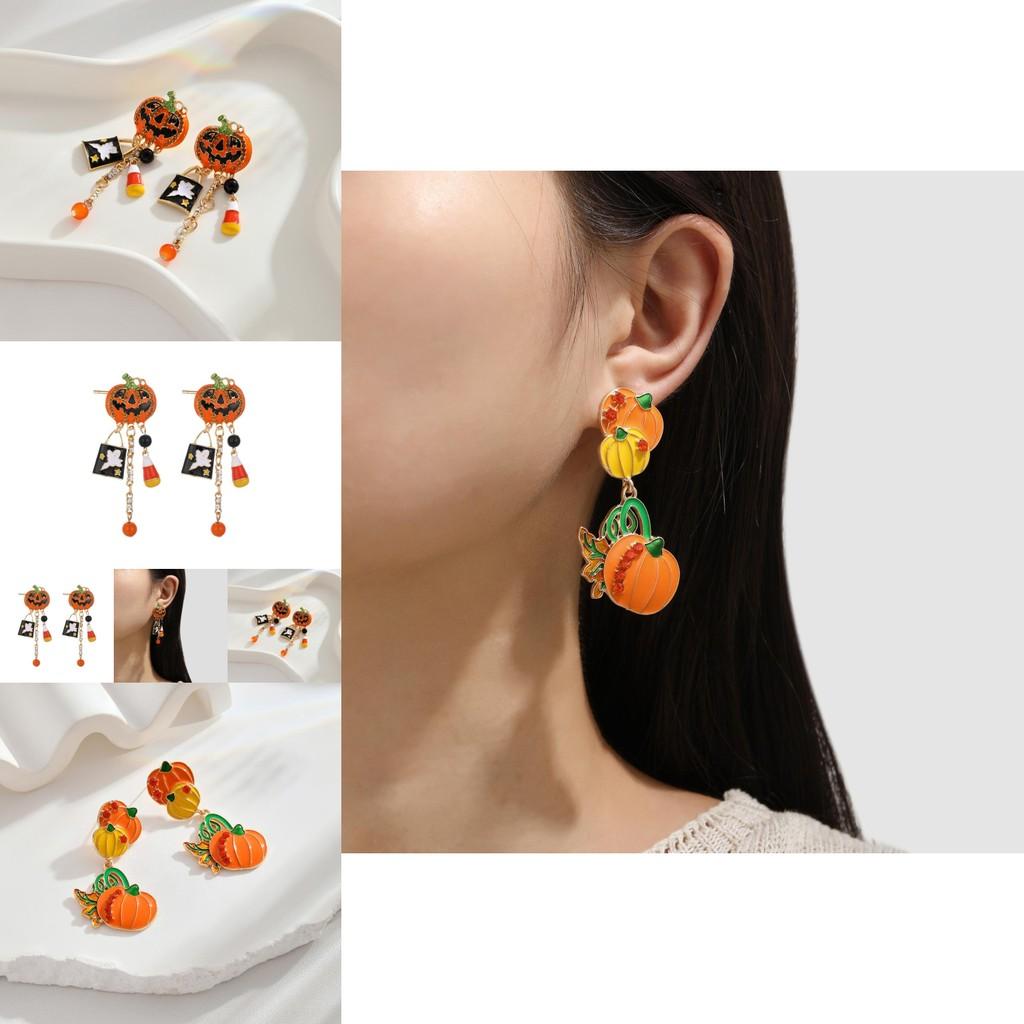 Fashionable Halloween Pumpkin And Skull Earrings With Eye-catching Zircon Details For Ladies
