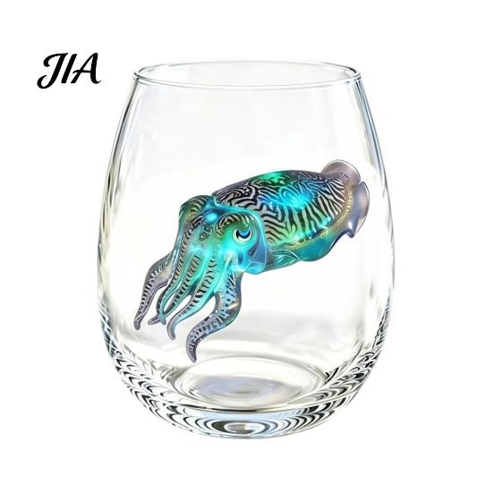 Durable Thick Base Glass Cups Stemless Wine Glasses with Marine Animal Pattern, 420ml Capacity, High Borosilicate Decorative Aesthetic Water Tumblers
