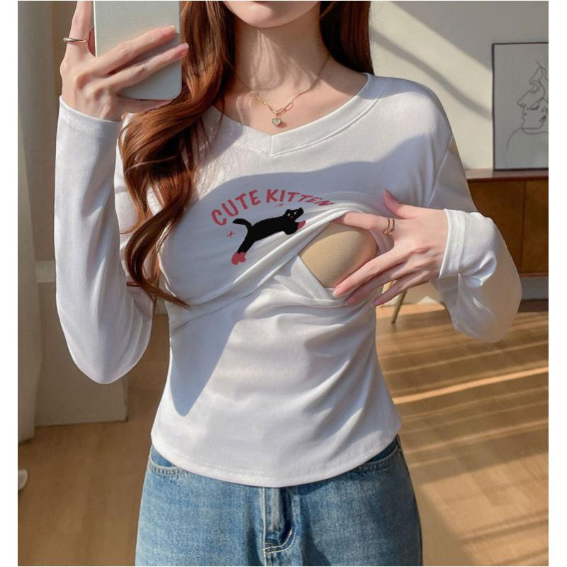 Spring Nursing T-Shirt: Pure Cotton Long Sleeve Slim Fit for Postpartum Moms 2XL
