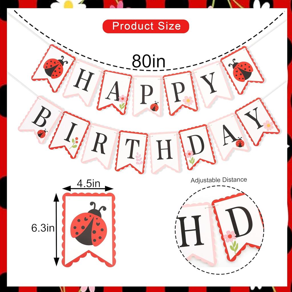 Ladybug Happy Birthday Banner - Cute Ladybird Party Decorations, Ladybug Theme Hanging Flags for Baby Showers, Kids Room Decor, Outdoor Garden Party