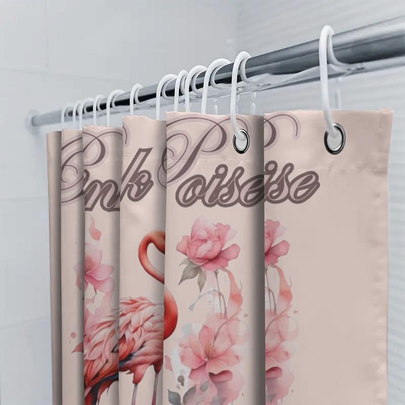 Pink Feather Bath Rug Mat Watercolor Birds Bathroom Decor Shower Curtain with Rod Set Waterproof Pink Floral