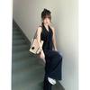 1116 Spring Korean Commuter Tencel Denim Bow Neck Halter Top Loose Wide Leg Pants Set