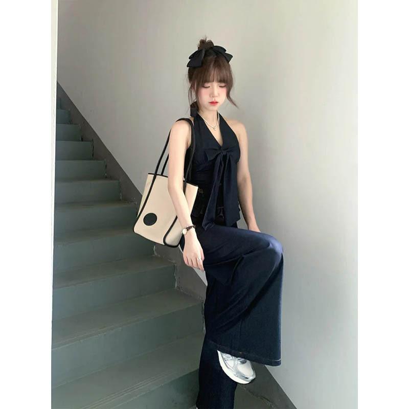 1116 Spring Korean Commuter Tencel Denim Bow Neck Halter Top Loose Wide Leg Pants Set