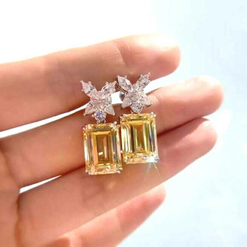 Earrings, Simulated Goose Yellow Zircon Flower Earrings, Simple Sugar Cube Style High-End Earrings