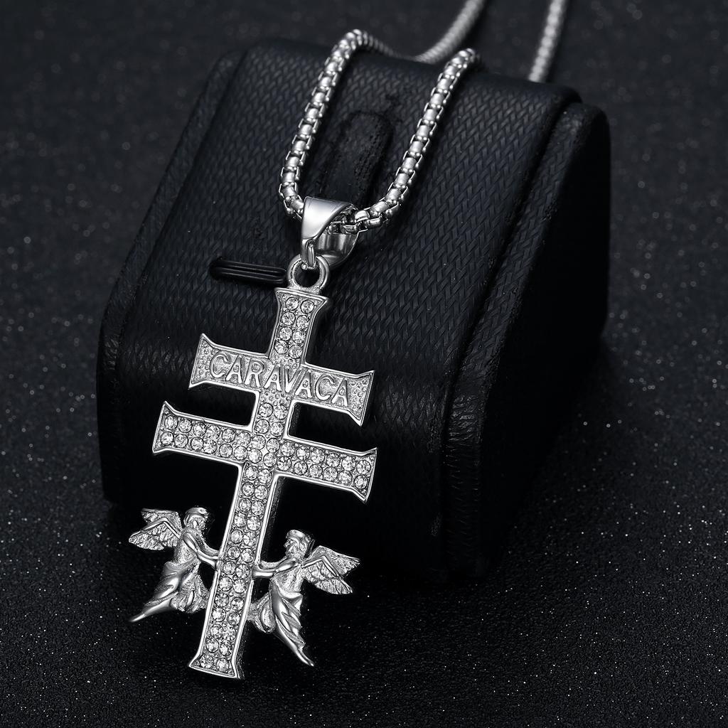 Hot Selling Hip Hop Jewelry Titanium Steel Gold Plated Diamond Angel Cross Pendant Necklace