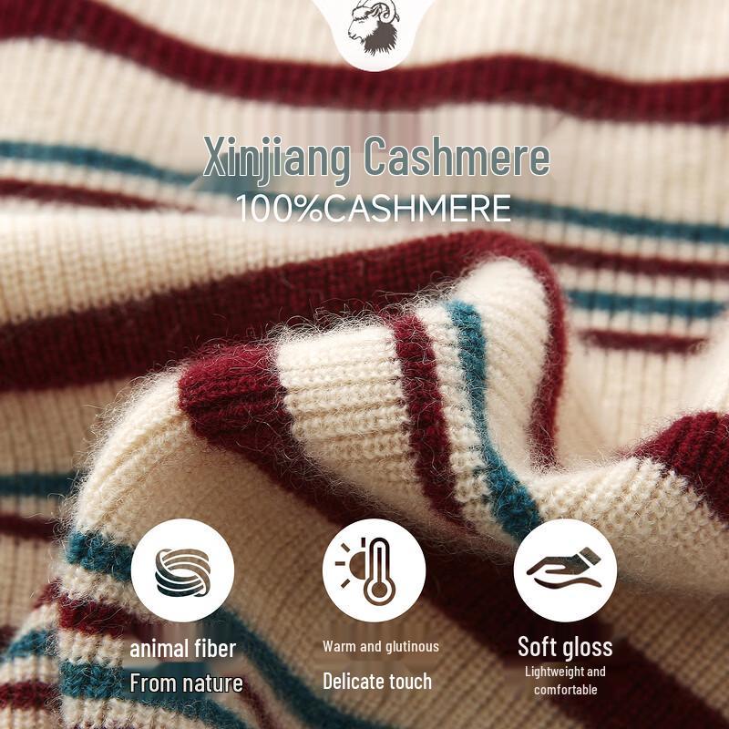 Zhaojun Women's 100% Cashmere Round Neck Colorblock Striped Thick Knit Top