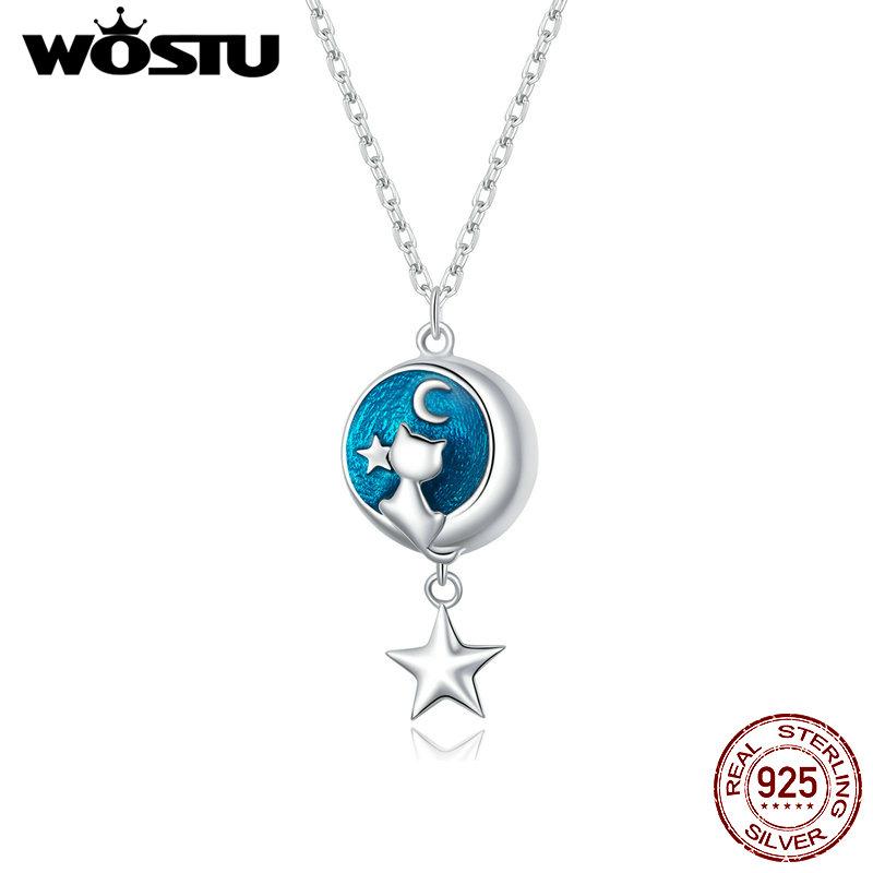 WOSTU 925 Silver Moon & Cat Star Necklace Blue Enamel Long Chain Link Necklace For Women Fashion Jewelry CQN422