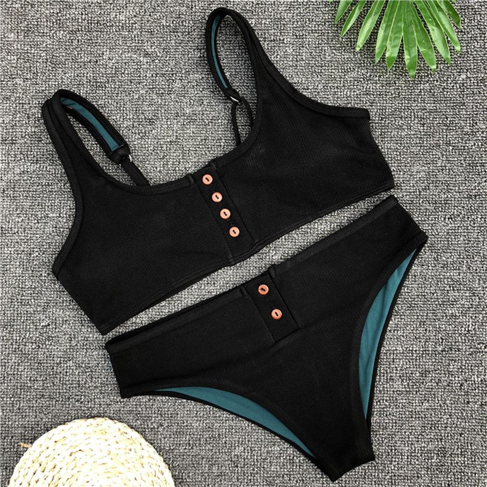 Nervürlü bikini seti Katı Kadın Mayolar Takım Elbise Düğmesi Push Up Mayo Kadın Bölünmüş Mayo Biquinis Beachwear