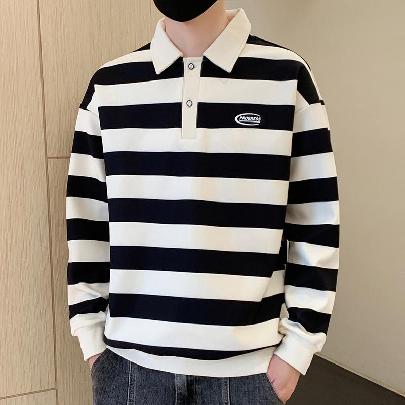 American Style Striped Long Sleeve Hoodie Men Spring Autumn Big Size Loose Turn-down Collar Chic Contrast Color Casual T-Shirts