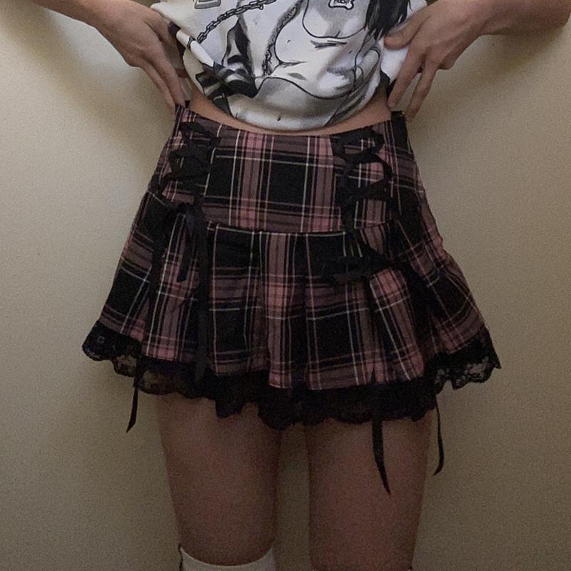 Polyester Plaid Cross Strap Lace Short Skirt With Pleats For Casual Women