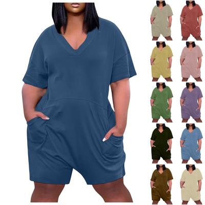 Summer Plus Size V Neck Short Sleeve Pocket Knee Pocket Casual Jumpsuit For Women