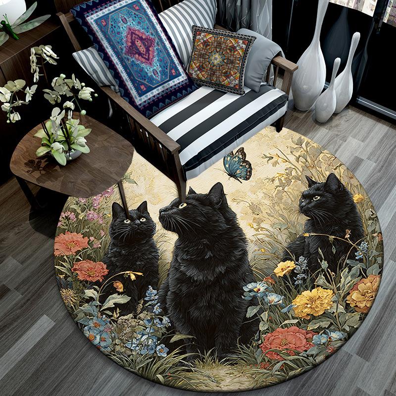 Black Cat Round Area Rug,Carpet Rug for Living Room Bedroom Sofa Playroom Decor,Non-slip Floor Mat