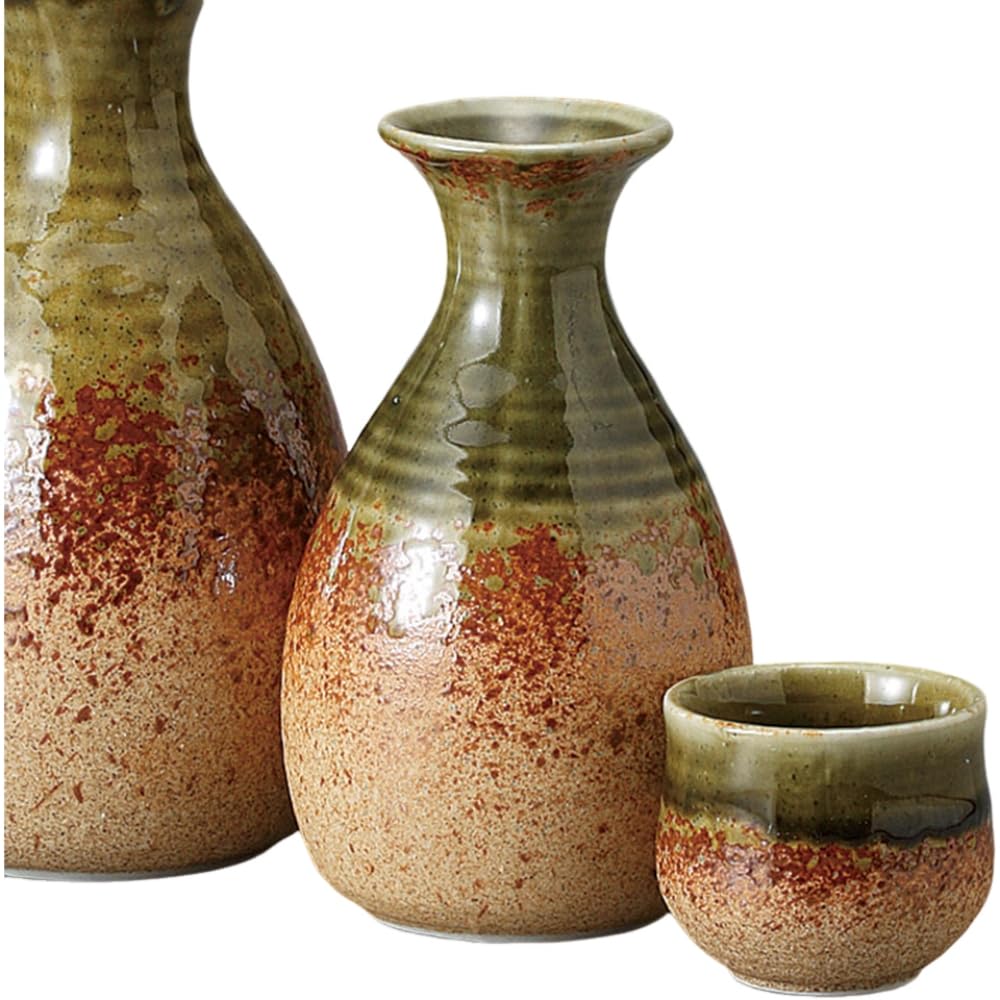 Sake Tokkuri and Ochoko 8cm x Iga Oribe 2 Tokkuri Sake Cup Set Mino Ware Ale-net Set, Set, H14.3cm, Approx. 320cc, No. Tokkuri, & (2 pieces), Ceramic,