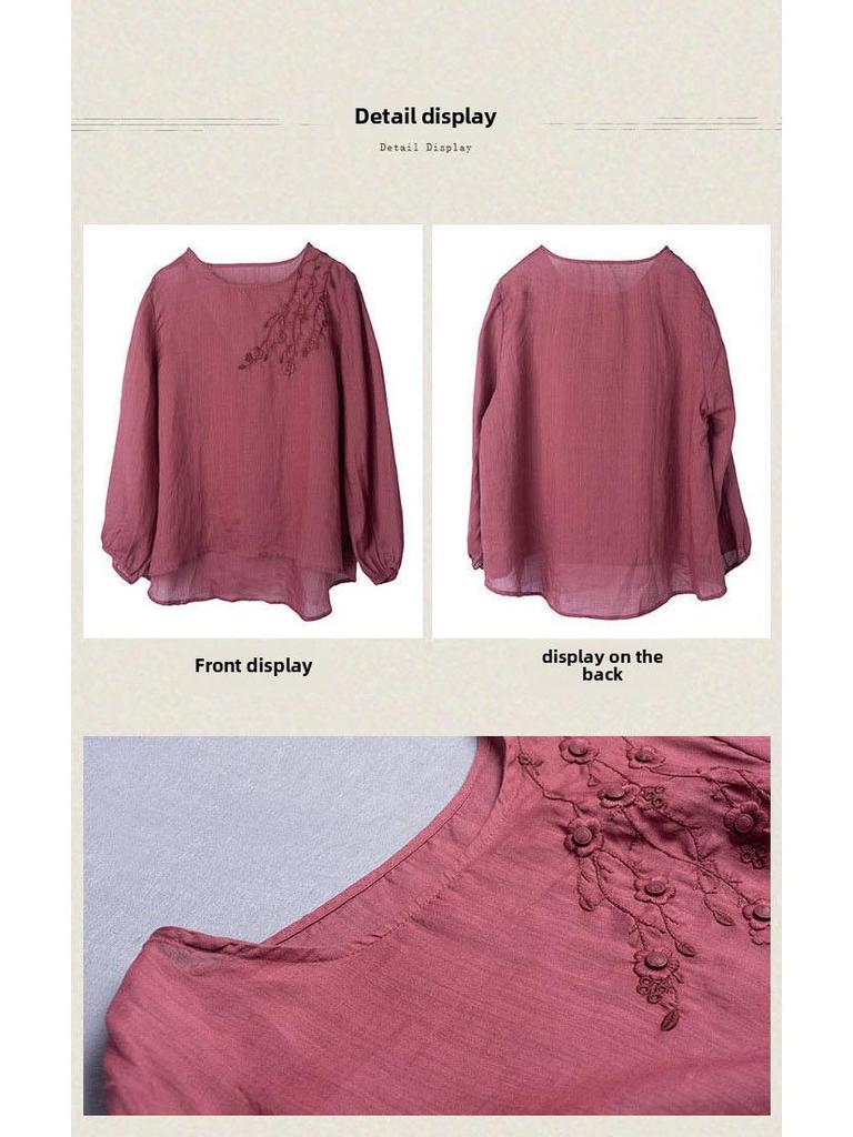 Dam 2024 Bomull-Linne Broderad Långärmad Retro Skjorta i Kinesisk Stil för Våren