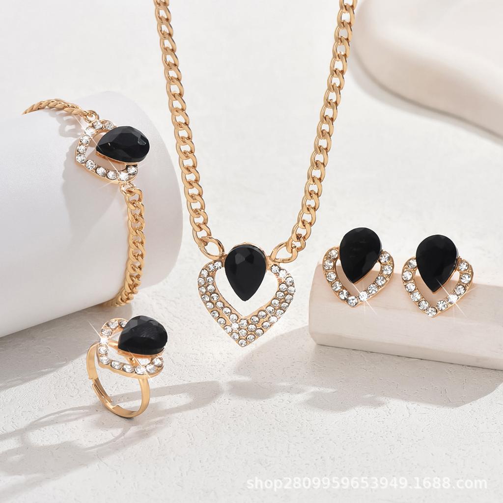 A Set of 5 New Trendy Cuban Chains, Black Water Droplets, Crystal Necklaces, Bracelets, Rings, Earrings, and Alloy Beads.