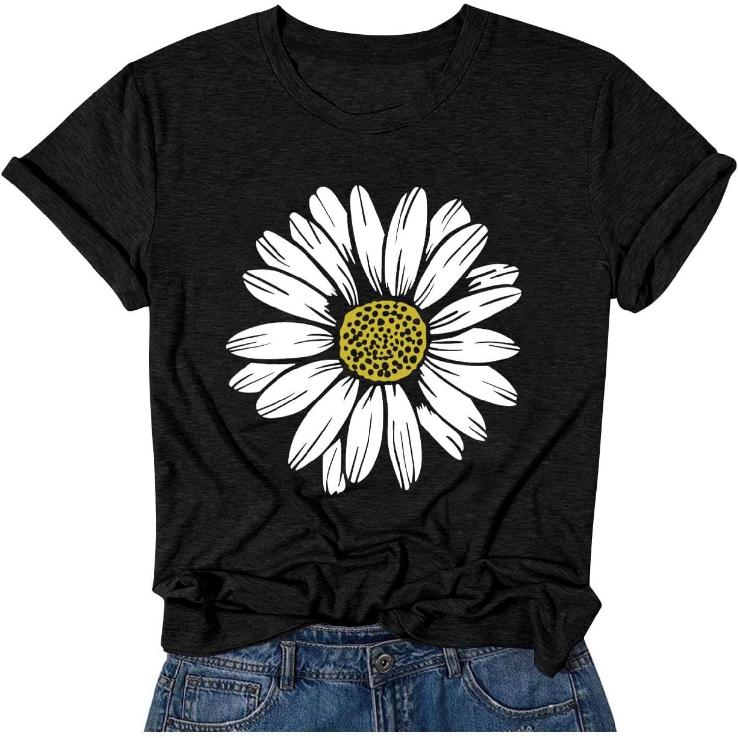Women Trendy Tops Sunflower Graphic Loose Summer Tees T-Shirts Blouse S чёрный