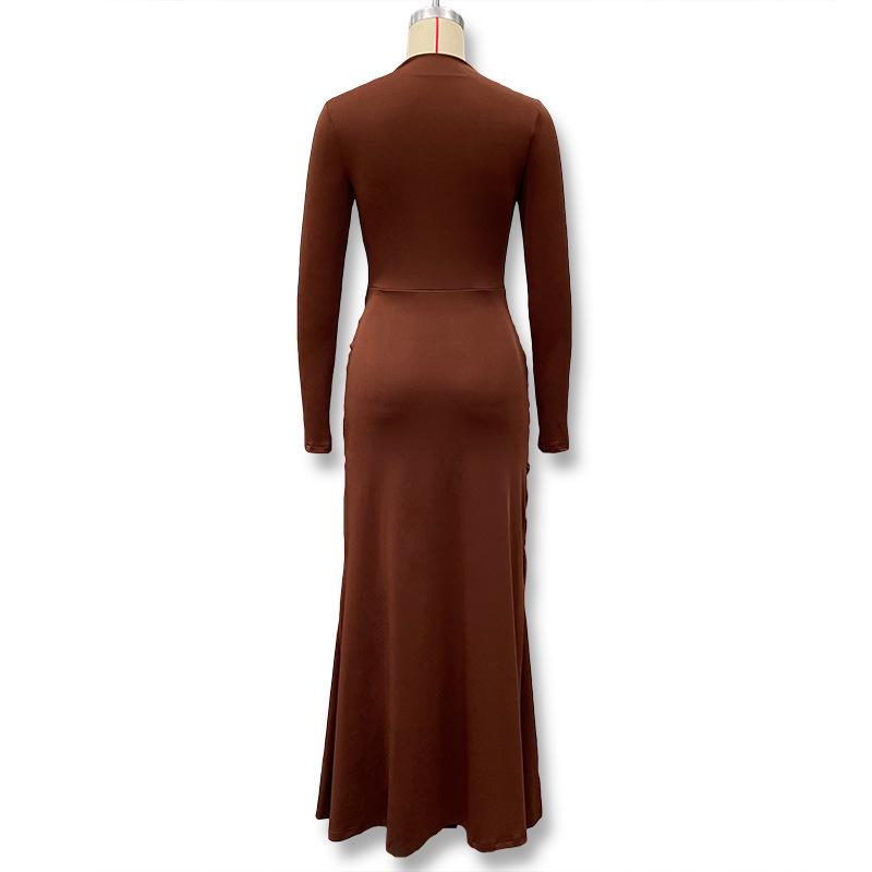 European Style Autumn Solid Color Long Sleeve Dress with Decorative Buckle