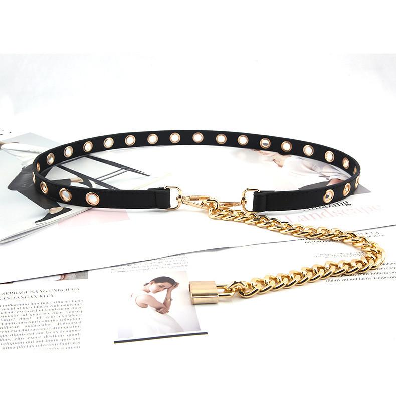 

Fashionable Solid Color Porous Design Women Slim Waist Belt With Chain For Casual Outdoor Wear