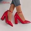 Aphixta 10cm 7cm Tacones Gruesos Zapatos de Salón para Mujer Hebilla Pimp Correa al Tobillo Zapatos Ocio Rojo Charol Talla Grande 35-50