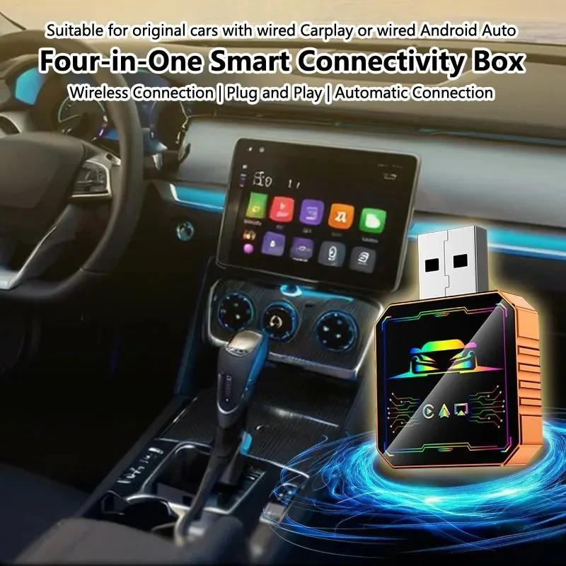4-in-1 Wireless Android CarPlay Box, Mirror Screen To Car Stereo for IOS/Android Auto, Universal Car Adapter with Android 14 IOS
