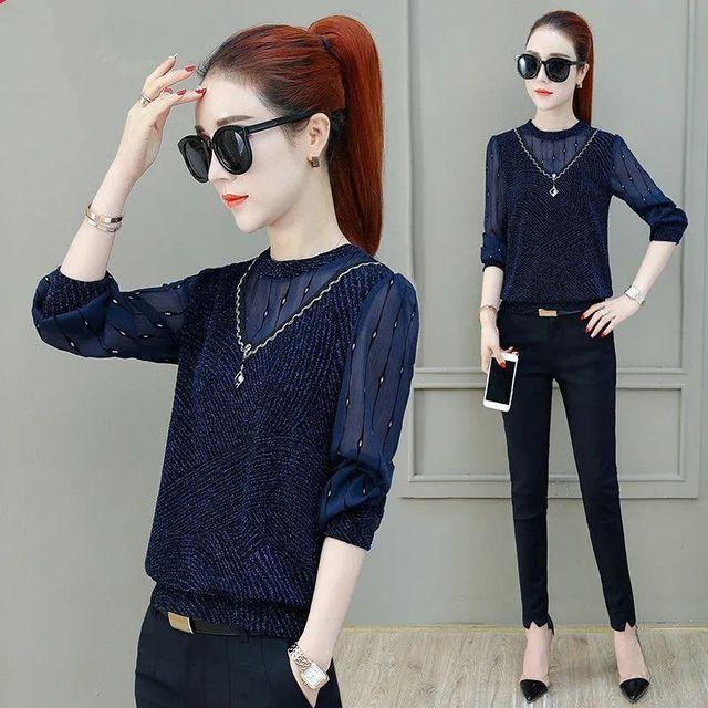 Módní košile se spodním okrajem ze síťoviny pro ženy s dlouhým rukávem jaro podzim nové volné tričko Blusa