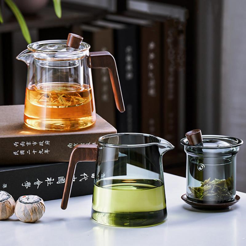 GIANXI Retro Glass Teapot Wood Handle Chinese Tea Ceremony Transparent Teawear Set Cup Filter High Boron Silicon Pot  530ML