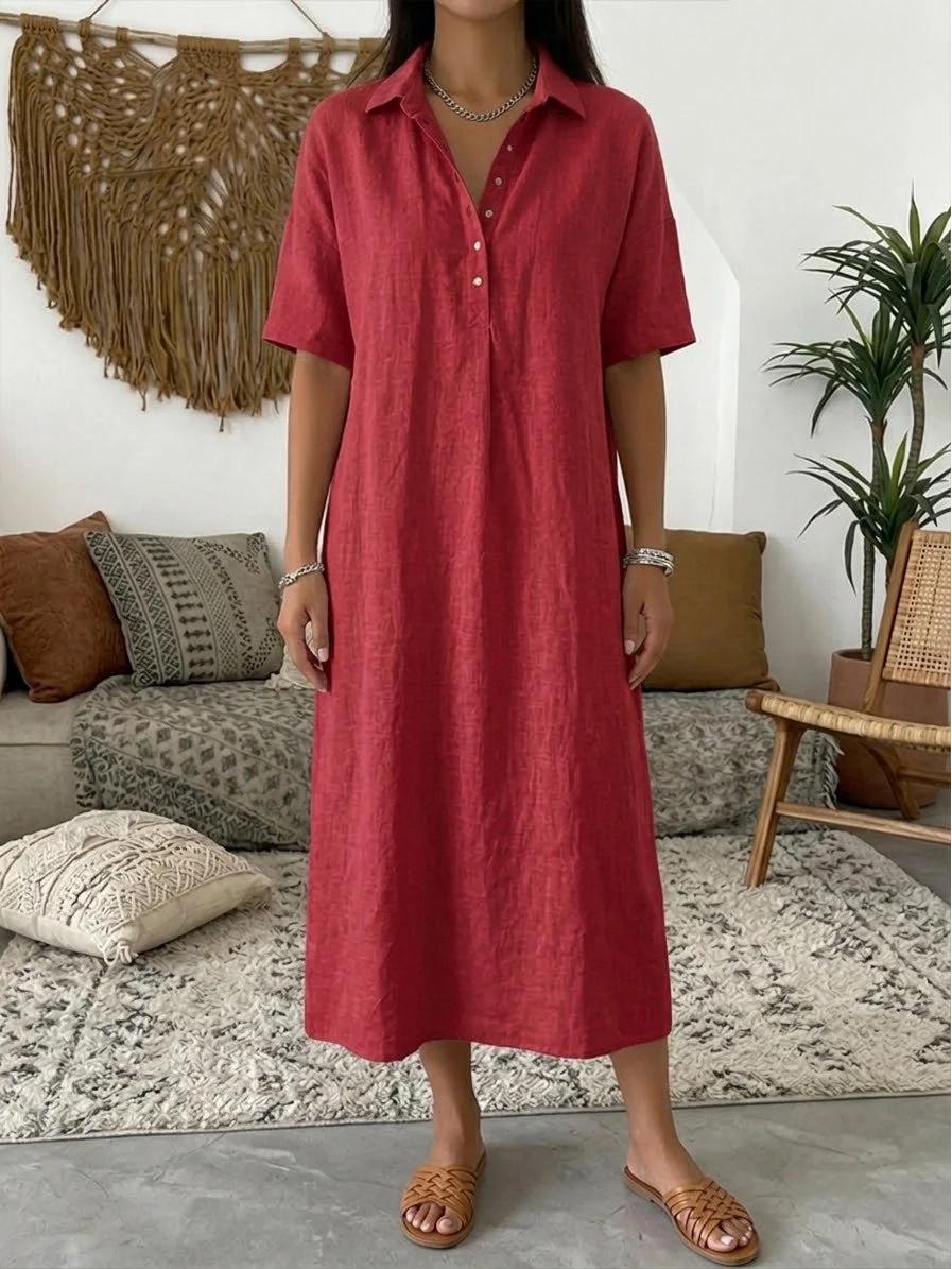 2026 Women s Spring/Summer Casual Straight Polo Collar Linen Dress S красный