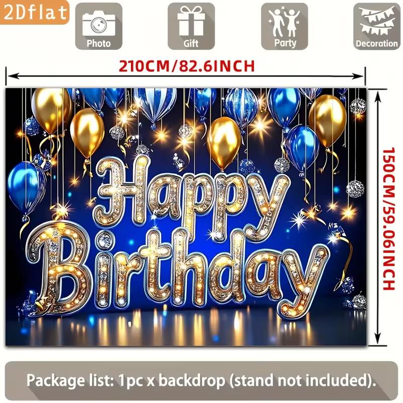 2D Blue Gold Happy Birthday Backdrop, Glitter Balloon Photography Background for Party