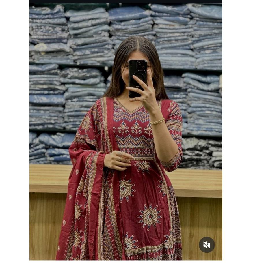 Women Bollywood Printed Cotton Anarkali Kurta Pant Dupatta Set Indian Designer Top Tunic Salwar Suit